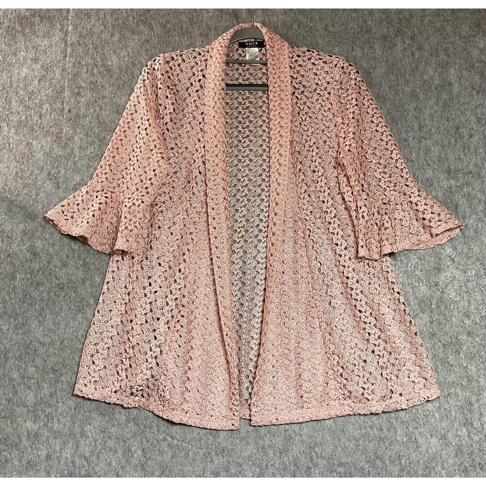 ONYX APPAREL Cardigan Womens Small Pink Crochet Sheer Open Knit Bell Sleeve
